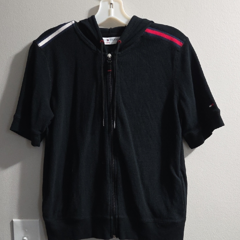 Tommy Hilfiger Black Zip-Up Sweater with Red and White Accents
